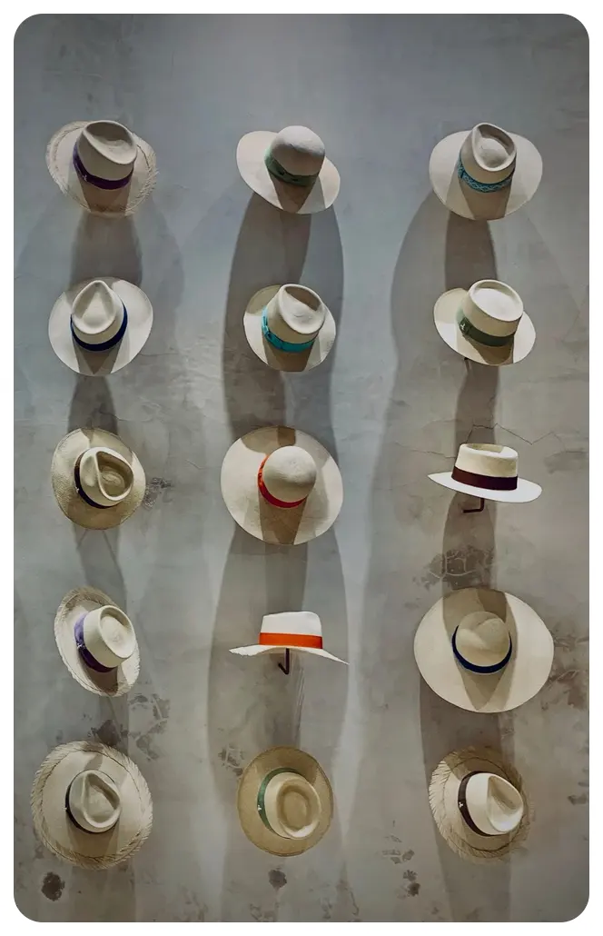Sombreros de palma con cintas de colores colgados en un muro